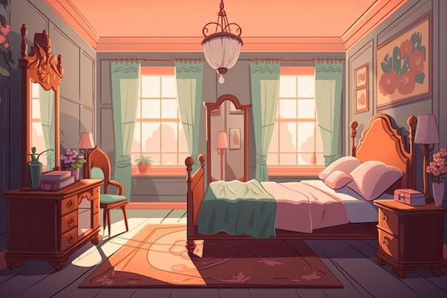 Cozy bedroom with a comfortable bed dresser and mirror Generative AI