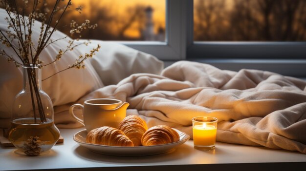 Photo cozy bedroom with croissants coffee and a candle