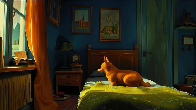 A cozy bedroom with a cute dog sitting on the bed The room is decorated with warm colors and there is a soft light coming in from the window