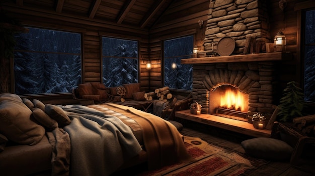 A cozy bedroom with a fireplace and a bed ai