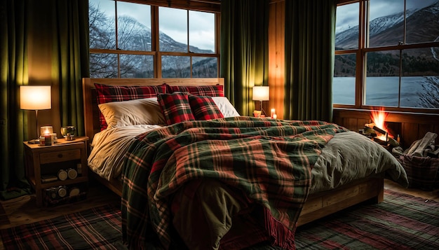 cozy bedroom with fireplace and view of mountains bed is made with red and green plaid blanket