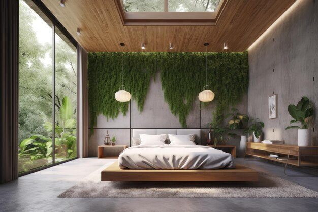 Cozy bedroom with a kingsized bed and plant decor on the walls Generative AI