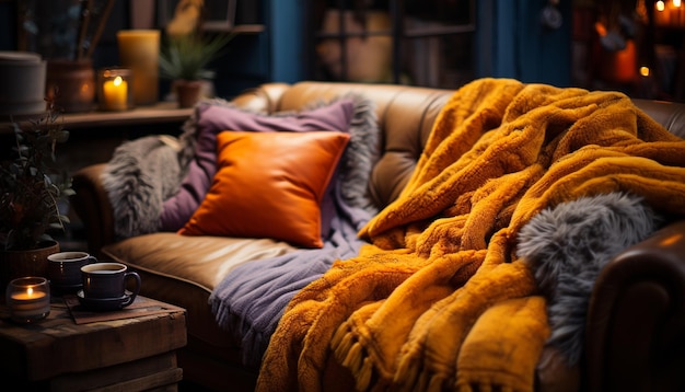 Фото Уютная спальня с современным декором, мягкое шерстяное одеяло, созданное искусственным интеллектом.