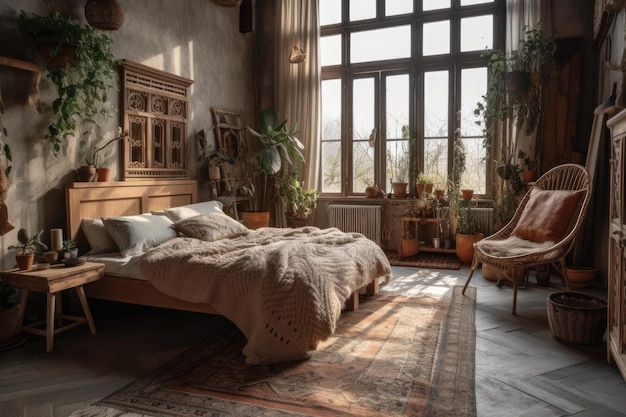 Cozy bedroom with natural light pouring in through a large window Generative AI