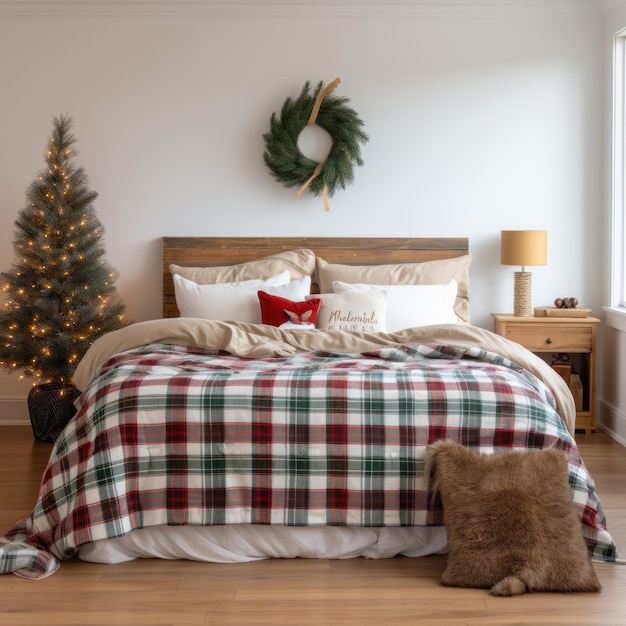 Cozy bedroom with a plaid blanket and holidaythemed pillows