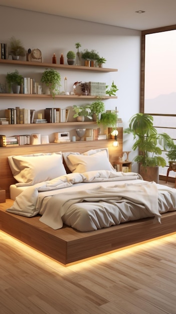 A cozy bedroom with a platform bed lots of plants and a view of the city