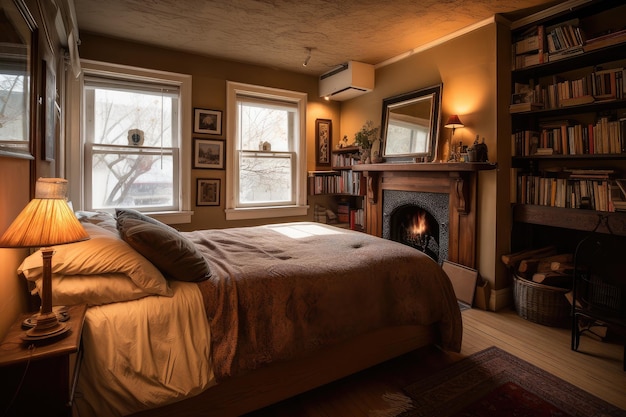 Cozy bedroom with plush bedding fireplace and bookshelves