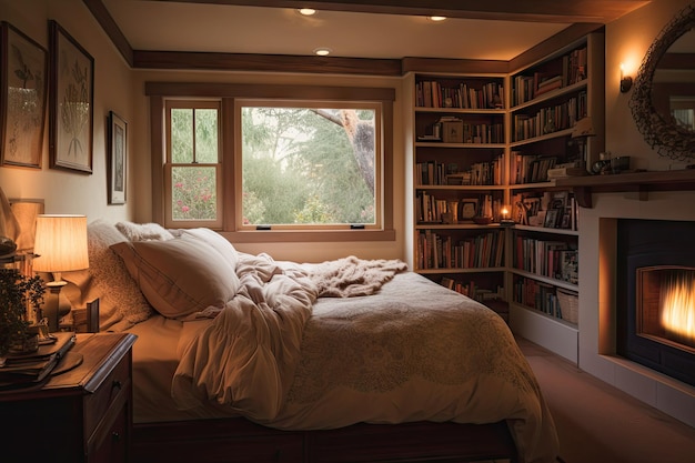 Cozy bedroom with plush bedding fireplace and bookshelves