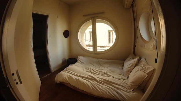 Photo cozy bedroom with a porthole window the room is painted in a warm neutral color and furnished with a simple bed nightstand and dresser