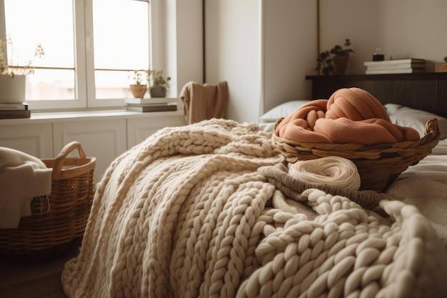 제너레이티브 AI로 만든 침대 위에 퀼트와 담요, 원사 바구니, 뜨개질 바늘이 있는 아늑한 침실