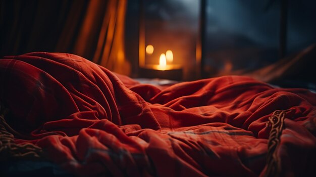 Photo cozy bedroom with red blanket and candlelight