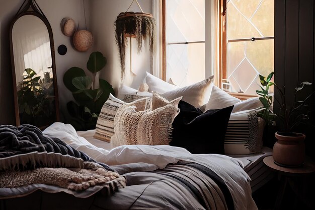 Photo cozy bedroom with scandiboho decor feather down pillows and natural linens created with generative a