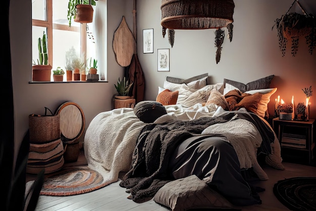 Photo cozy bedroom with scandiboho vibe and cozy bedding