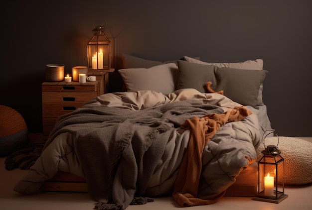 Cozy bedroom with stylish decor in autumnal style