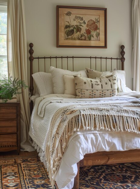 Photo cozy bedroom with white bedding and a colorful rug