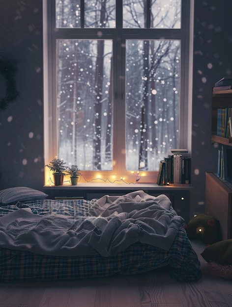 Уютная спальня с окном Снег падает снаружи книги Удобная кровать и костюмы