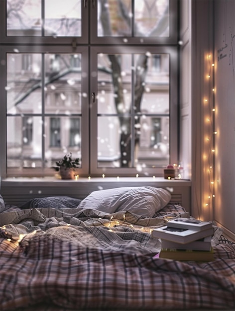 Cozy bedroom with window snow falling outside books comfy bed and plaid