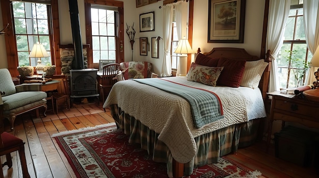 A cozy bedroom with a woodburning stove a comfortable bed and a sitting area with a rocking chair and a table