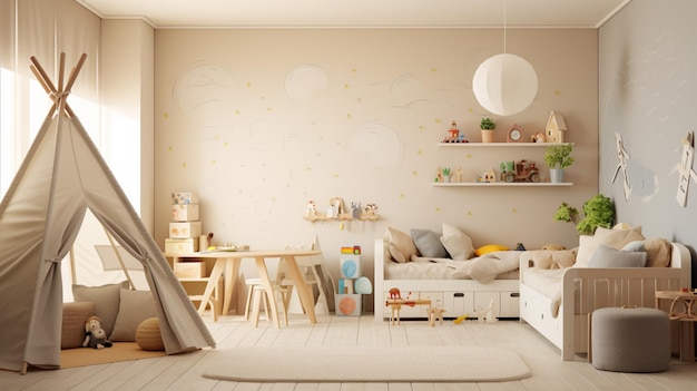 Cozy beige children room interior background