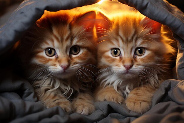 Cozy blanket fort becomes haven as kittens huddle radiating irresistible charm