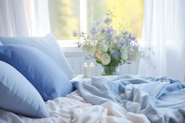 Cozy blue bedroom with flowers and candles bedroom with bed pillow and duvet