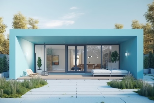 Foto accogliente casa blu con patio arredato ia generativa