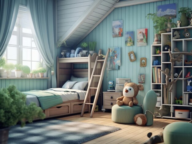 Фото Уютная синяя детская спальня с игрушкой и забавным декором generative ai