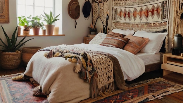A cozy and bohemian bedroom with a low platform bed layered rugs and a wall covered in tapestries