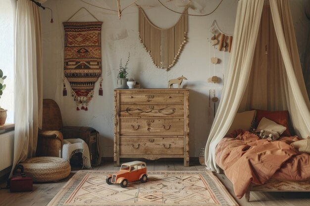 Photo cozy bohemian kid bedroom with retro decor and toys