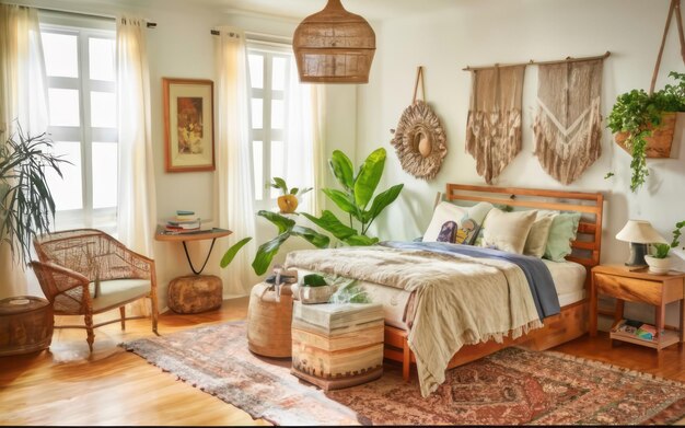 a cozy bohemianinspired bedroom filled with natural sunlight and eclectic decor interior design