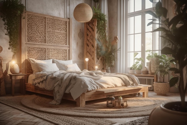 Cozy boho style bedroom wooden bamboo furniture natural textiles wicker lampshades and decor live or