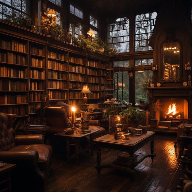 A cozy bookstore on a rainy day with shelves filled with candle lamp