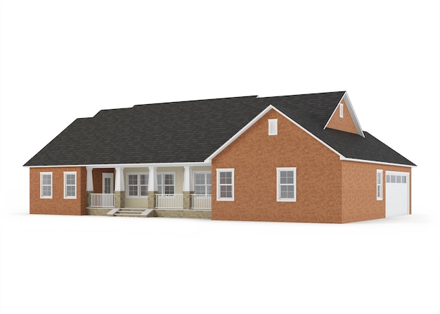 Cozy brick house isolated on white background. 3D rendering.