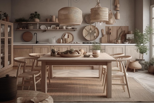 Cozy bright kitchen in scandi style dining table with chairs wooden floor dishes and furniture wicke