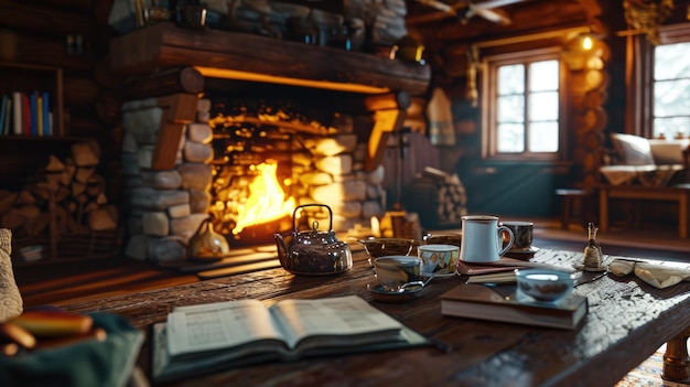 Cozy Cabin Ambience Relaxing Living Room with Warm Fireplace Teapot and Books 3D Render