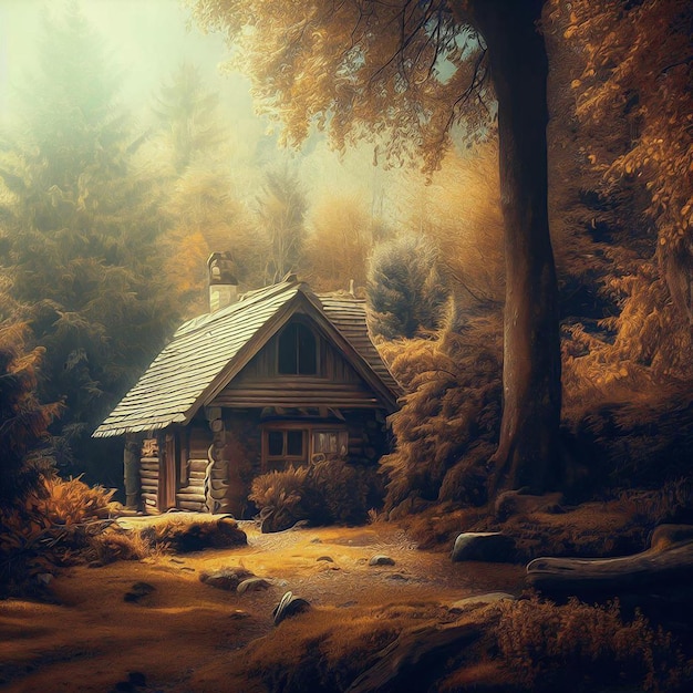 A cozy cabin in an autumn wonderland cinematic landscape oil painting style