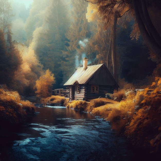 A cozy cabin in an autumn wonderland cinematic landscape oil painting style