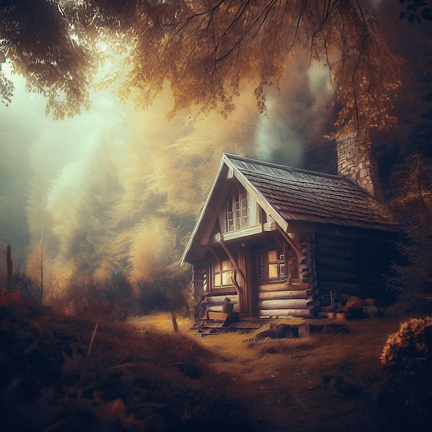 Уютная хижина в осенней стране чудес кинематографический пейзаж в стиле масляной живописи