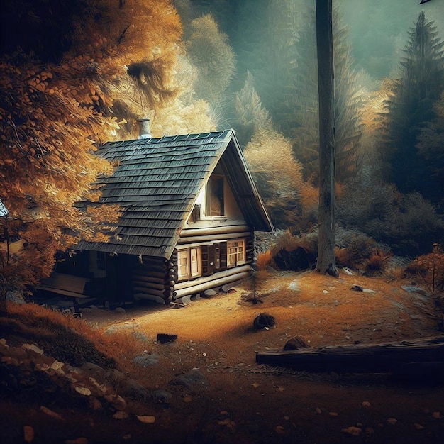 A cozy cabin in an autumn wonderland cinematic landscape oil painting style