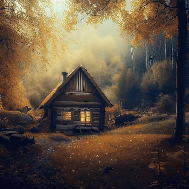 A cozy cabin in an autumn wonderland cinematic landscape oil painting style