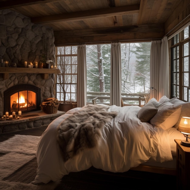 a cozy cabin bedroom with a fireplace and snow outside