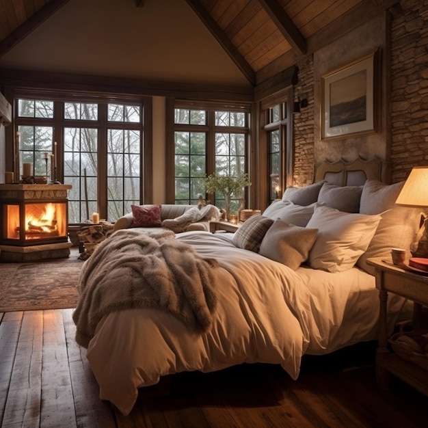 a cozy cabin bedroom with a fireplace and snow outside