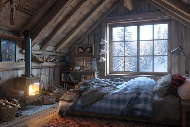 Photo cozy cabin bedroom with a woodburning stove