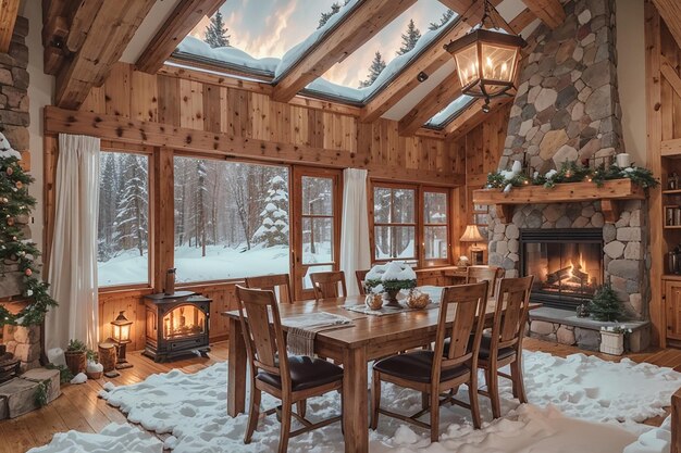 Cozy Cabin Dining Fireside Ambiance and Winter Wonderland Views