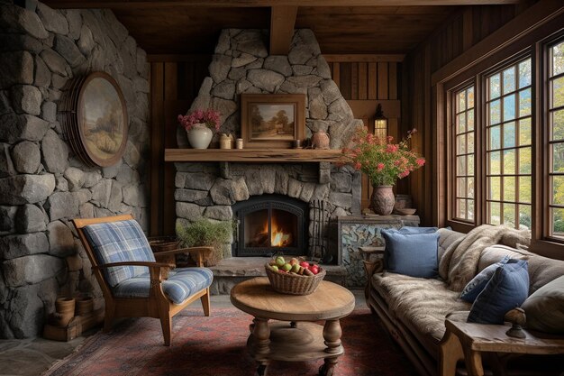 Cozy cabin living room with a stone fireplace and plaid accents