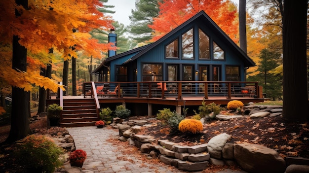 a cozy cabin nestled among colorful maple trees