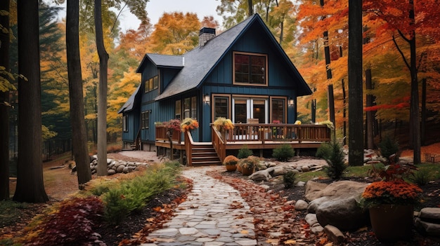 a cozy cabin nestled among colorful maple trees