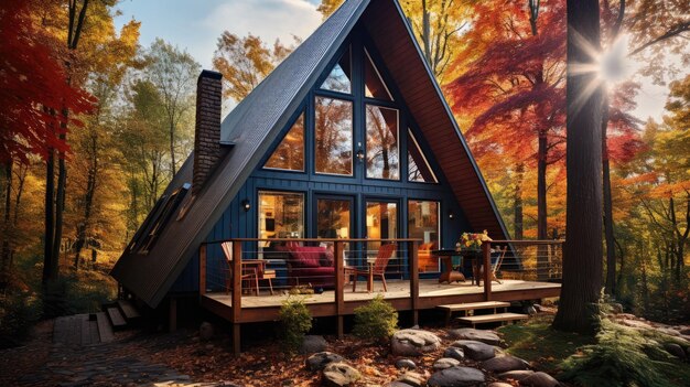 a cozy cabin nestled among colorful maple trees