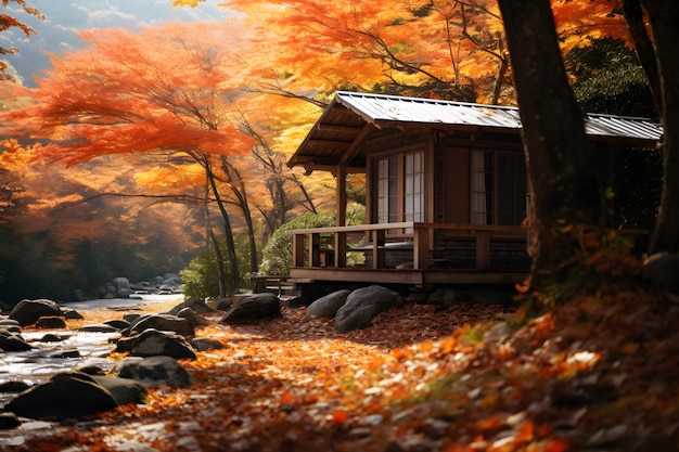 cozy cabin nestled in mountains surrounded by vibrant autumn foliage providing a tranquil equinox