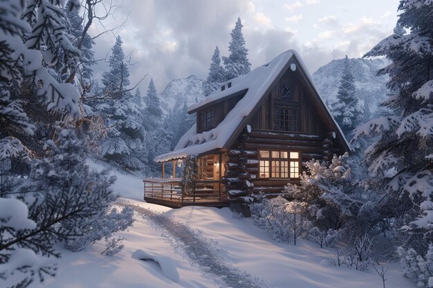 A cozy cabin nestled in a snowy forest